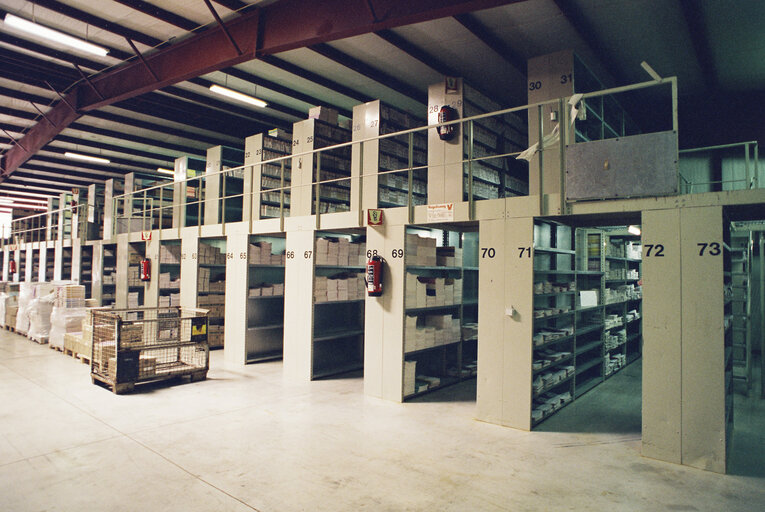 EP paper archives stocked in a storage hall in Brussels