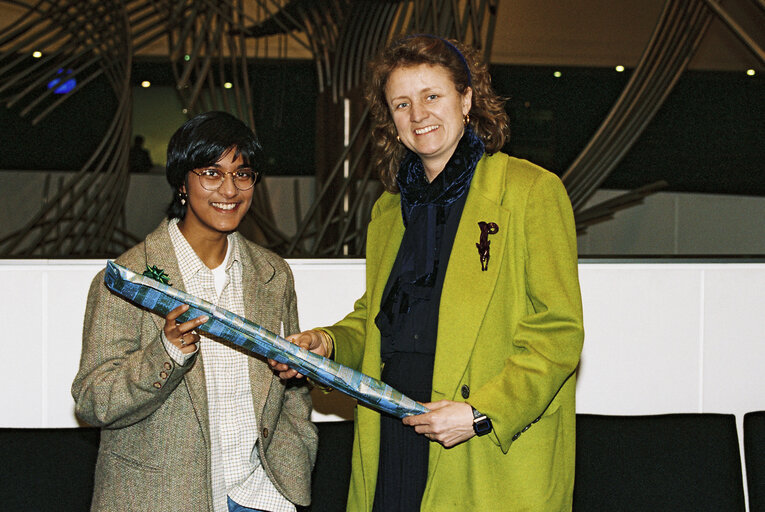 MEP with a guest in front of the Confluencesculpture