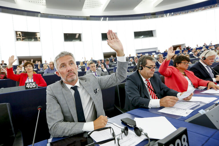 Foto 2: Morten LOKKEGAARD votes in plenary session week 37 2016 in Strasbourg