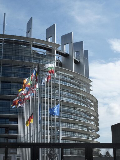 Fotografie 6: The Eu and German flags at half-mast  at the European Parliament headquarters in Strasbourg following the attack in Munich, Germany.