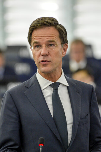 Fotó 1: Official visit of Dutch Prime Minister to the European Parliament in Strasbourg. Mark RUTTE - Dutch Prime Minister addresses the Plenary.  Review of the Dutch Presidency of the EU.