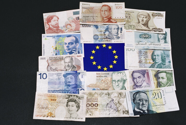 European banknotes with a European flag