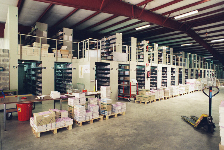 EP paper archives stocked in a storage hall in Brussels