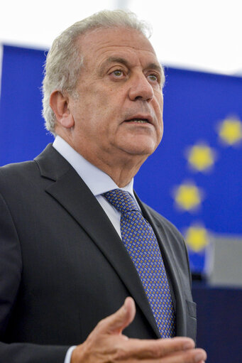 Photo 8 : Dimitris AVRAMOPOULOS in plenary session week 43 2016 in Strasbourg - Debate ' Afghanistan, notably EU commitments and the EP role on the EU-Afghanistan Joint Way Forward on migration issues on Afghanistan general and Joint way forward '