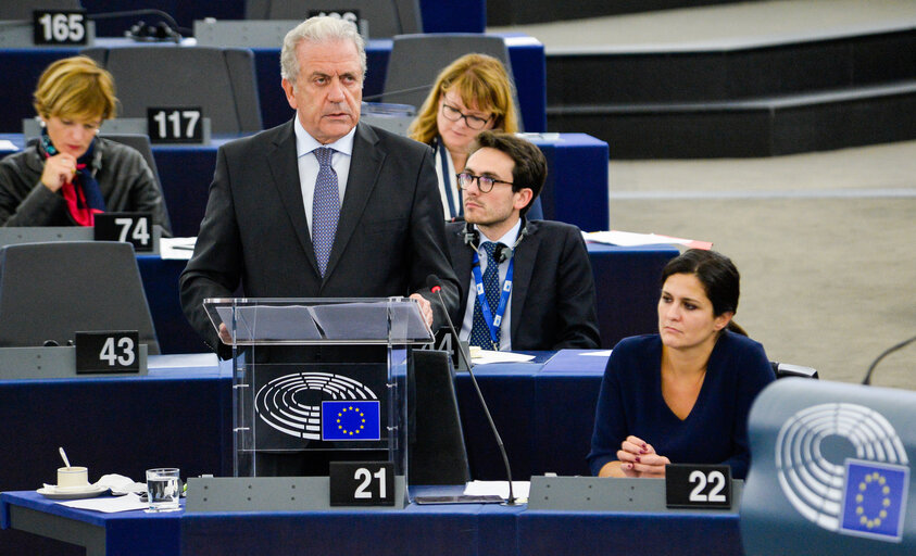 Photo 2 : Dimitris AVRAMOPOULOS in plenary session week 43 2016 in Strasbourg  Debate ' Afghanistan, notably EU commitments and the EP role on the EU-Afghanistan Joint Way Forward on migration issues on Afghanistan general and Joint way forward '