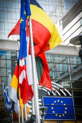 EP Headquarters in Brussels. European flags ' Rue Wietrz '