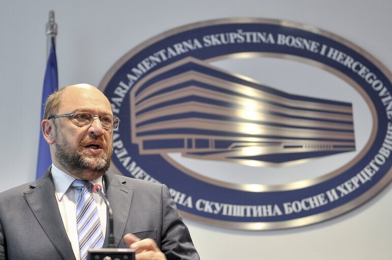 President of The European Parliament Martin Schulz takes journalist questions after meeting with Bosnian Parliament members, in Sarajevo, on July 15, 2015.