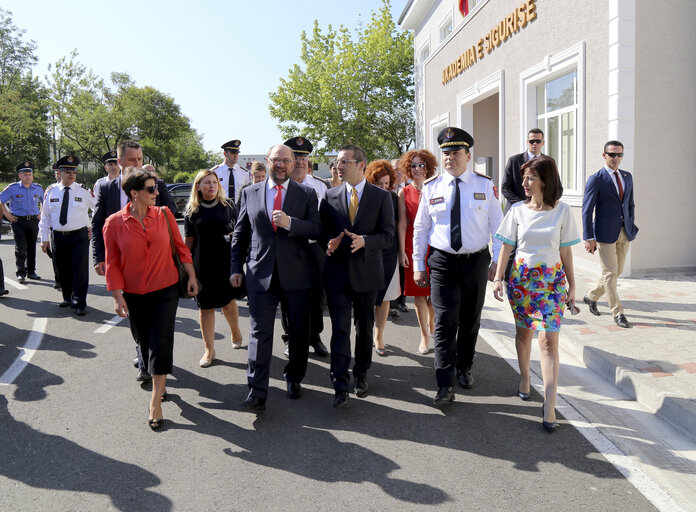 Official visit of the President of the European Parliament to the Western Balkans. Martin SCHULZ - EP President, 2nd from left, and Saimir TAHIRI, Albanian Minister for Interior, 3rd from left, during a visit of the EU-funded Police Academy, in Tirana.