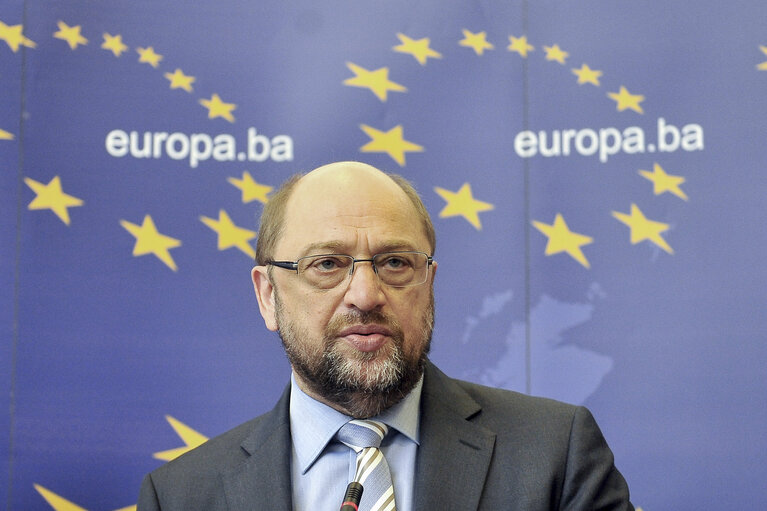 Martin Schulz, President of The European Parliament, at the podium, gives a press conference after a meeting with Bosnian Minister for Foreign Affairs, in Sarajevo.