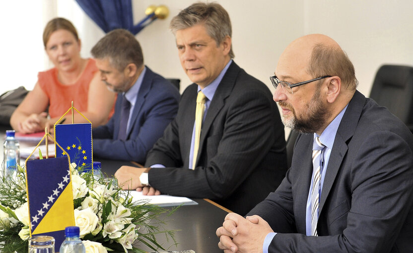 Martin Schulz, President of The European Parliament, at the podium, gives a press conference after a meeting with Bosnian Minister for Foreign Affairs, in Sarajevo.