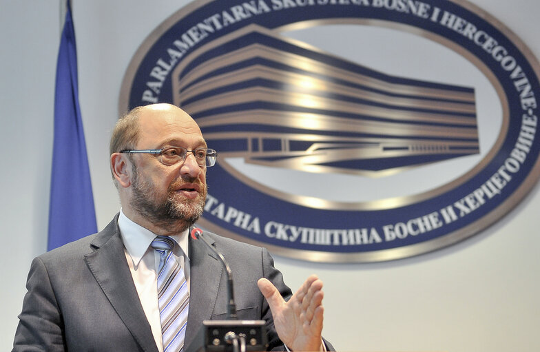 President of The European Parliament Martin Schulz takes journalist questions after meeting with Bosnian Parliament members, in Sarajevo, on July 15, 2015.