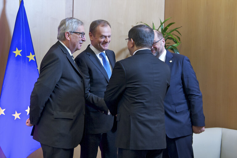 Martin SCHULZ - EP President meets with Donald TUSK - President of the European Council, Jean-Claude JUNCKER - EC President and Ahmet DAVUTOGLU, Prime Minister of Turkey