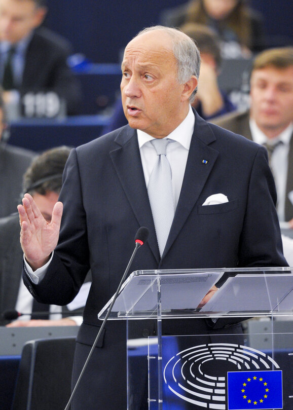 Martin SCHULZ - EP President chairing the Plenary, with the presence of Laurent Fabius, French Minister of Foreign Affairs and International Development