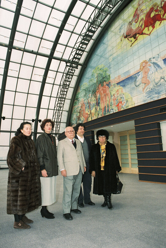 Inauguration of the Goddess Europa tile fresco by artist Aligi SASSU on the 12th floor of the PHS building in Brussels. Mosaic PHS