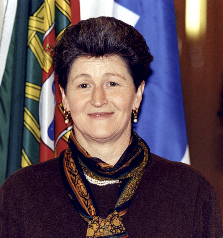 SCHIERHUBER Agnes in front of various flags of country members of the EU