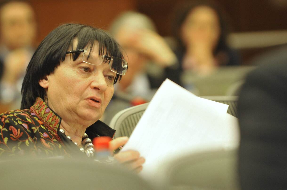 Luisa MORGANTINI MEP in a meeting at the EP in Brussels.