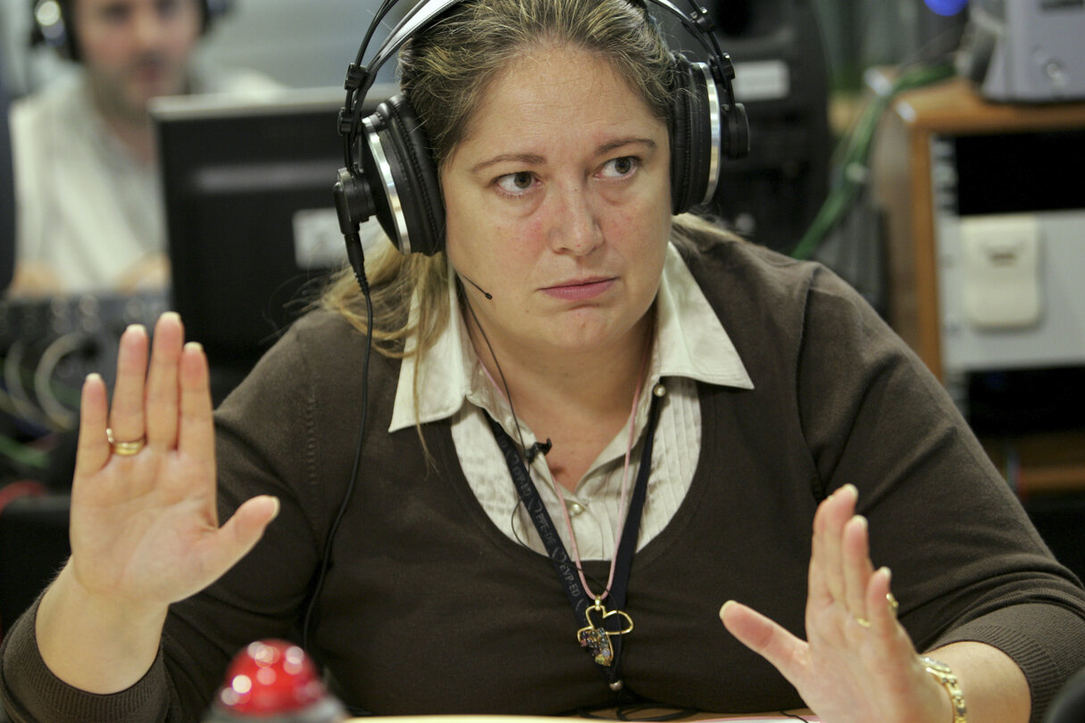 MEP Esther HERRANZ GARCIA attends a radio interview at the Vox Box in Brussels