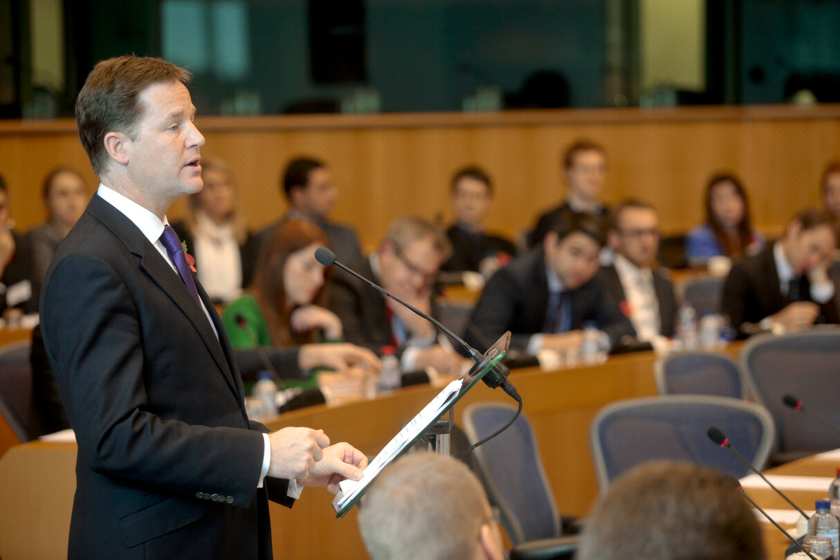 British Deputy Prime Minister at the European Parliament in Brussels making a speech on the UK and the eurozone