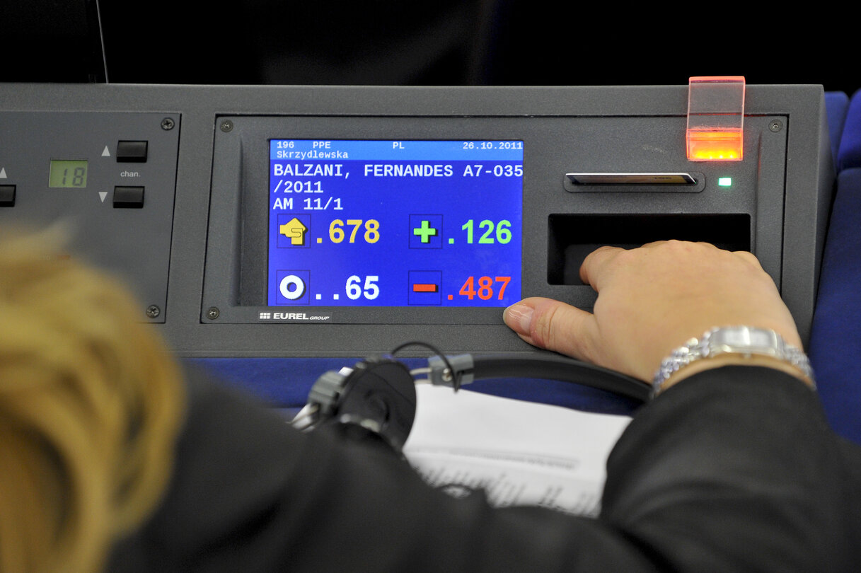 Illustration - Hemicycle in Strasbourg, during a plenary  session, electronic vote