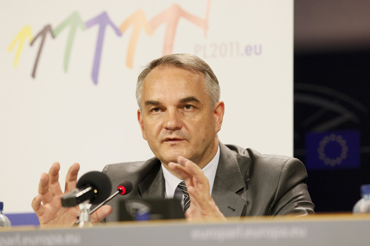 Polish Deputy Prime Minister and Minister of Economy, holds a news conference over the priorities of the Polish presidency of the Council