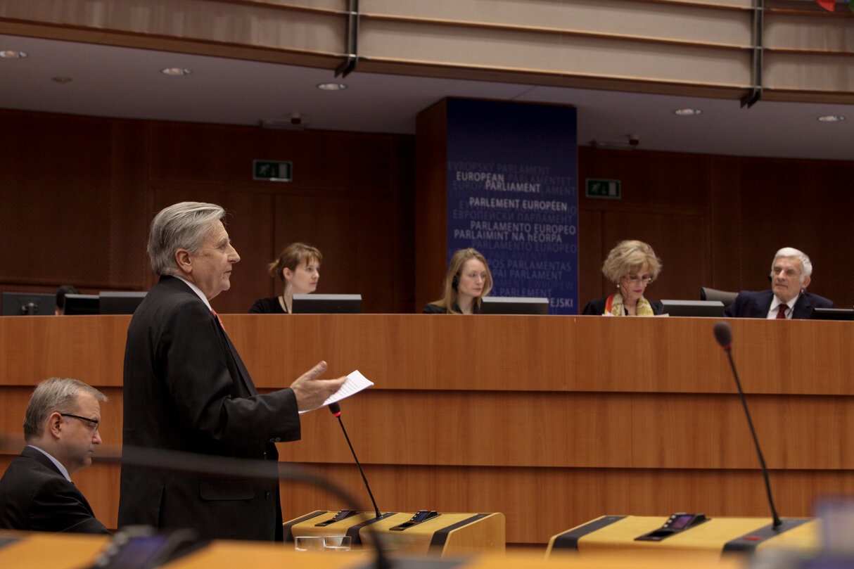 Session  Rapport annuel de la BCE - Déclaration annuelle sur la zone euro     Plenary  ECB annual report - Annual statement on Euro area Trichet Jean-Claude, 2010, Parlement européen à Bruxelles, Prés Banque européenne, Prés Organisation internationale 25-03-2010