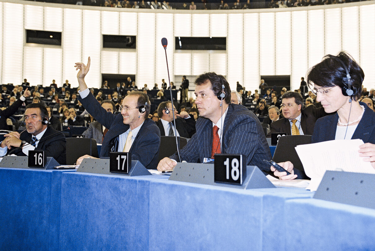 MEPs Othmar KARAS, Ville ITALA and Marianne THYSSEN in Plenary Session at the European Parliament in Strasbourg