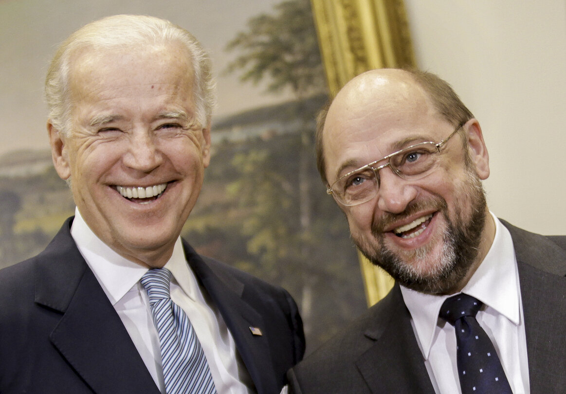 U.S. Vice President Joe Biden greets European Parliament President Martin Schulz before their meeting at the White House in Washington