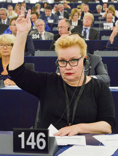 Fotografija 3: Sirpa PIETIKAINEN voting in plenary session Week 24 2017 in Strasbourg