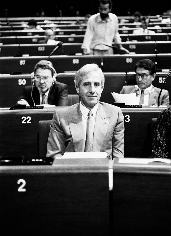 The President of the Council of Europe Jacques POOS at the European Parliament of Strasbourg in September 1985.