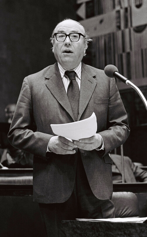 The European Commission President Roy JENKINS during a session in Luxembourg on April 1978.