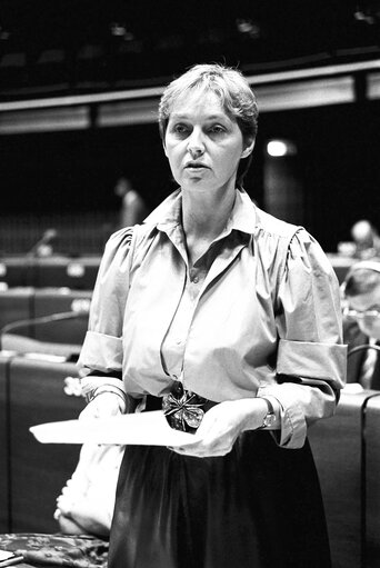 The MEP Marie JEPSEN during a session in Strasbourg in October 1985.