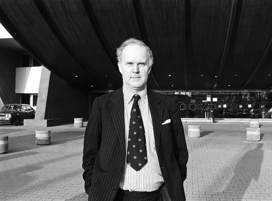 The MEP James MOORHOUSE in front of the European Parliament of Strasbourg in February 1984.