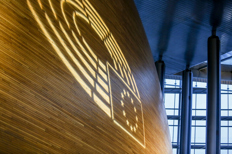 Fotografija 1: EP logo on a wooden wall inside the LOW building in Strasbourg