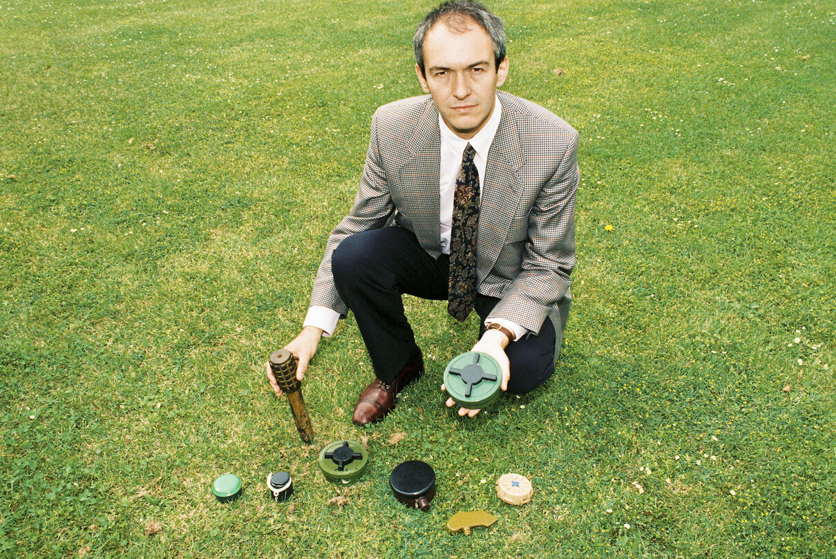 MEP posing with anti personal mines