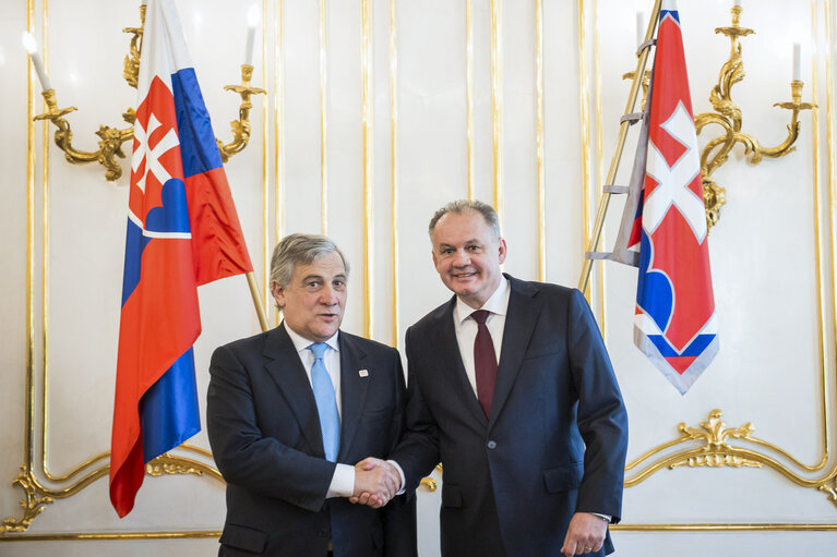 SLOVAKIA, Bratislava:  President of the European Parliament Antonio Tajani (L) and President of Slovak Republic Andrej Kiska (R) pose for a photo during their  bilateral meeting in Bratislava on April, 24.