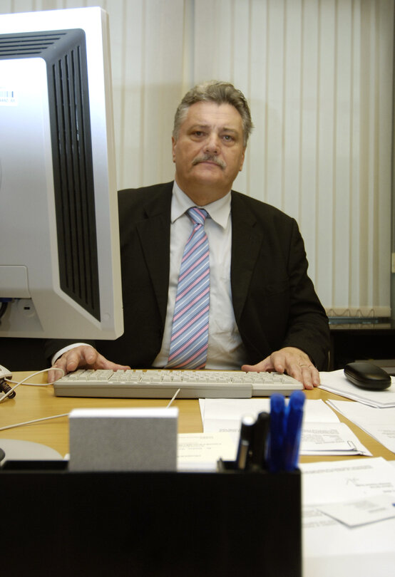 Nicolae Vlad POPA MEP in his office in the EP in Brussels