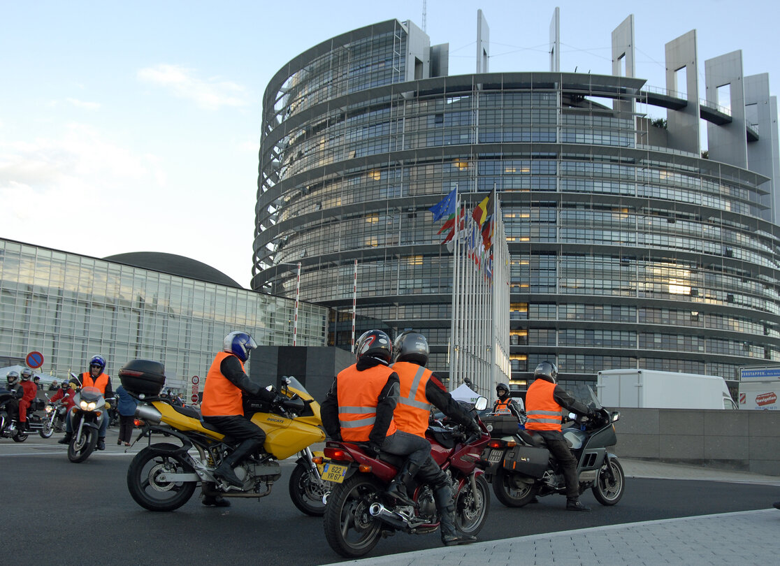 MEPs on motorbikes at the EP in Strasbourg.