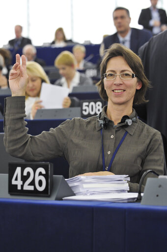 Foto 1: Sari Essayah during votes, plenary session in Strasbourg week 43