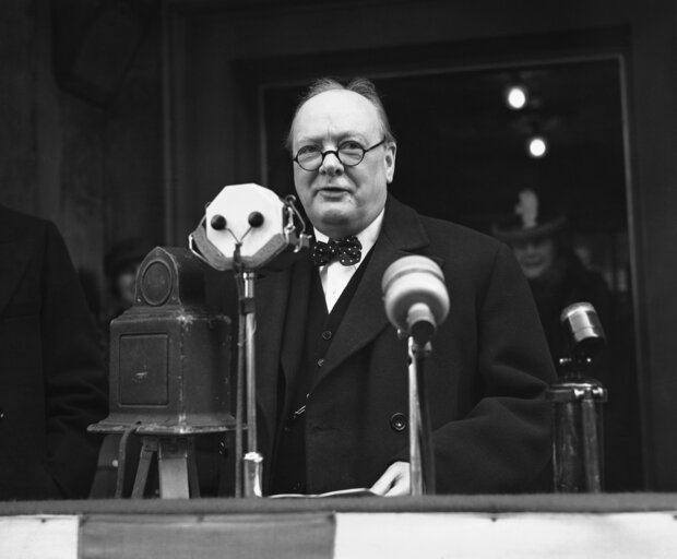 Winston CHURCHILL addressing the crowd outside The City of London Recruiting Centre for the Territorial Army at Mansion House, London on April 24, 1939.