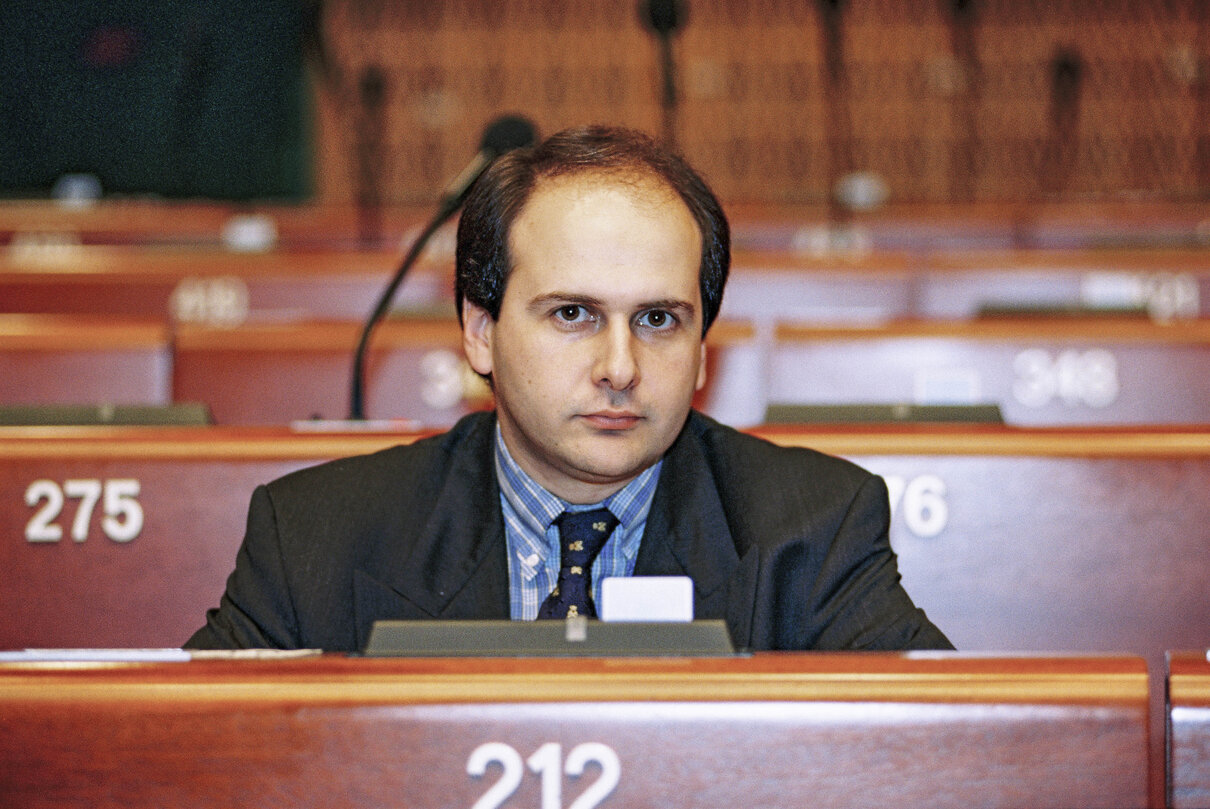 Portrait of Mep in the hemicycle of the European Parliament in Strasbourg