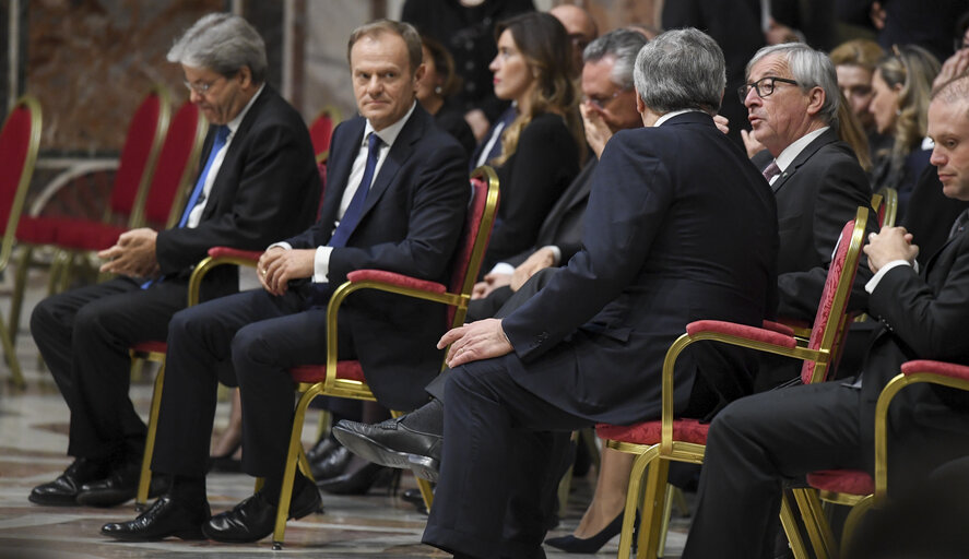 60th Anniversary of the Treaty of Rome celebrations - Antonio TAJANI - EP President, Donald TUSK, President of the European Council and Jena-Claude JUNCKER - EC President meet with Pope Francis