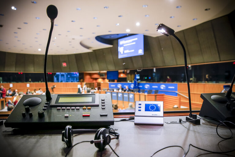 Stockshot of interpreter in the European Parliament