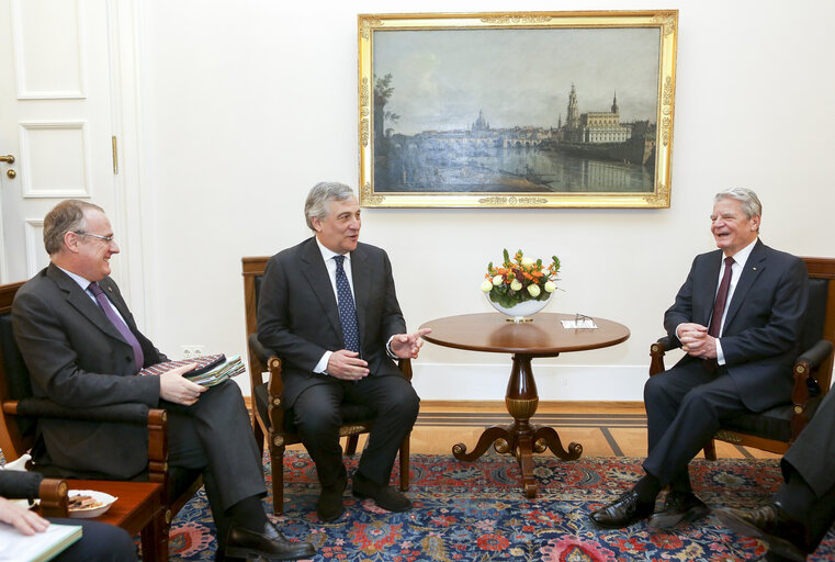 Official visit of the President of the European Parliament to Germany - Antonio TAJANI, president of the European parliament (C) meets with German President Joachim GAUCK (R) on February 24, 2017, in Berlin, Germany.