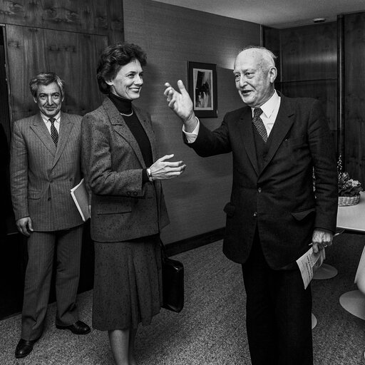 Pierre PFLIMLIN - EP President meets with Catherine LALUMIERE, Secretary of State in charge of European Affairs at the EP in Strasbourg in January 1985