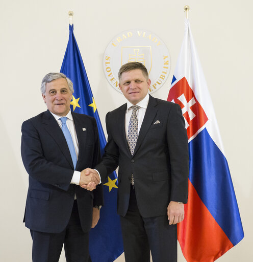 Official visit of EP President to Slovakia - President of the European Parliament Antonio Tajani (L) and Slovak Prime Minister Robert Fico (R) pose for a photo during their meeting  in Bratislava on April, 24.