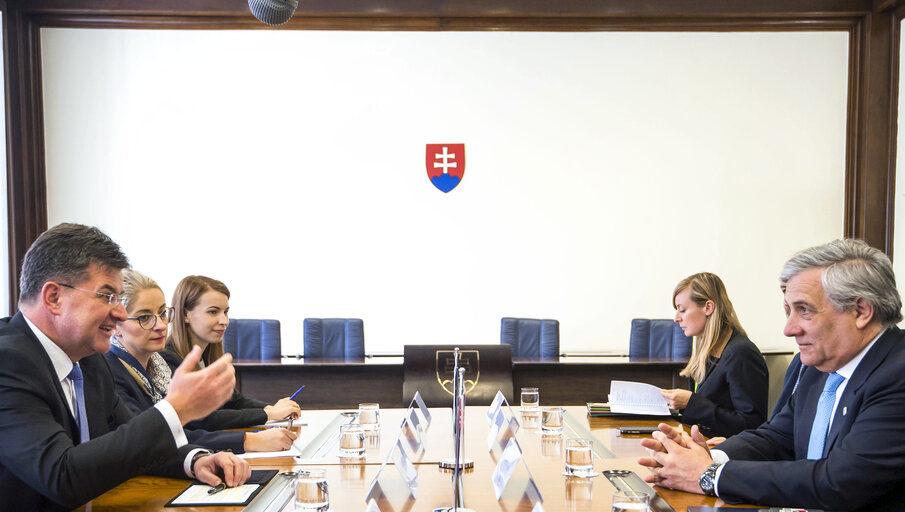 President of the European Parliament Antonio Tajani (R) and Slovak Foreign Affairs Minister Miroslav Lajcak (L) attend  their bilateral meeting in Bratislava on April, 24.