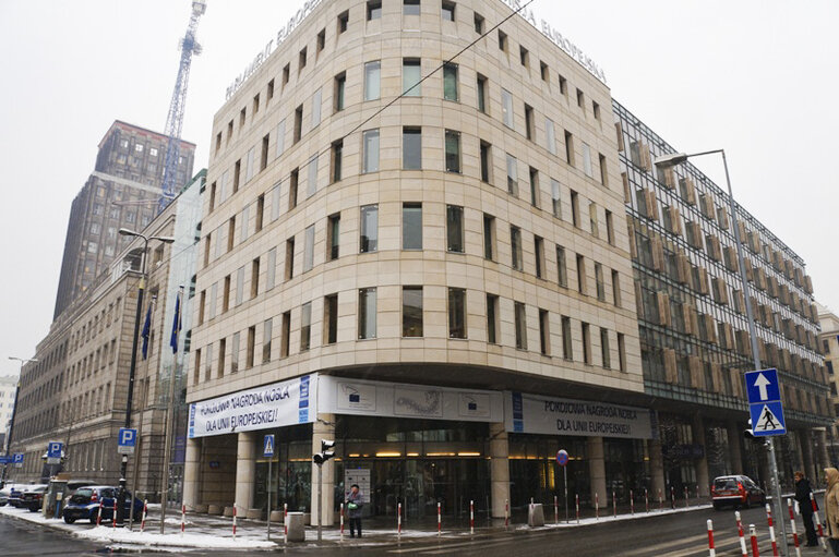 Nobel peace prize banners in Warsaw, Poland