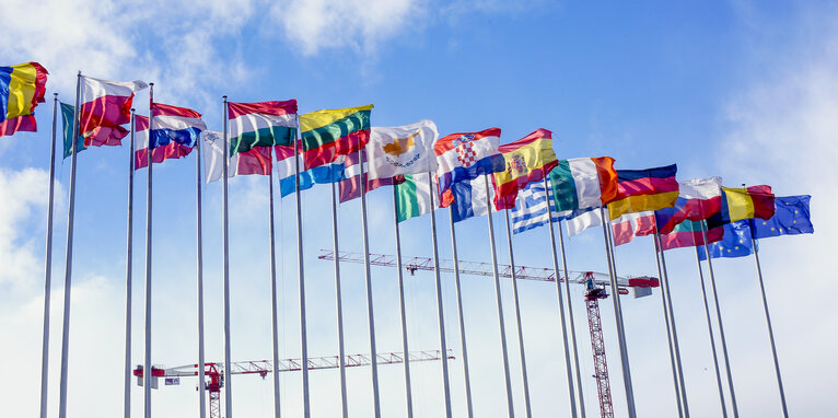 Photo 1: European flags and cranes in front of EP building in Strasbourg