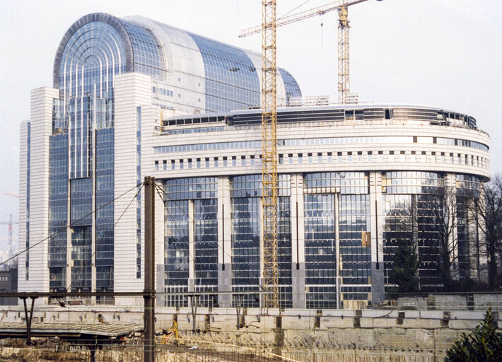 Cranes on construction site of the Paul-Henri SPAAK building in Brussels.
