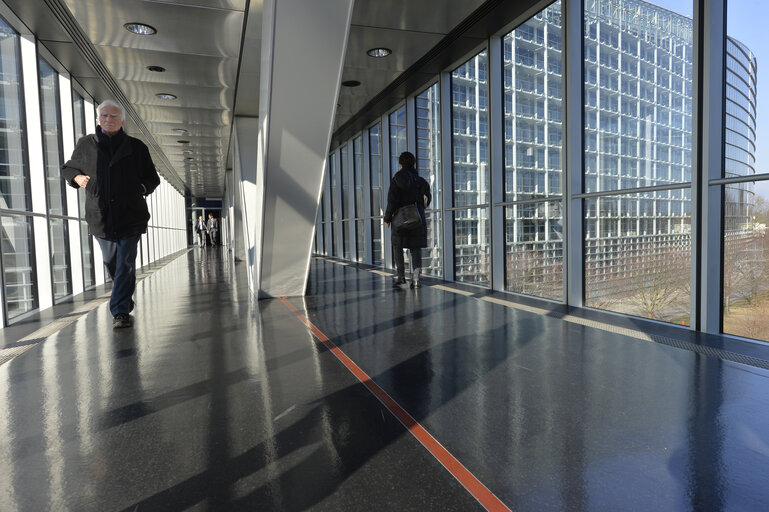 People walking around the European Parliament in Strasbourg
